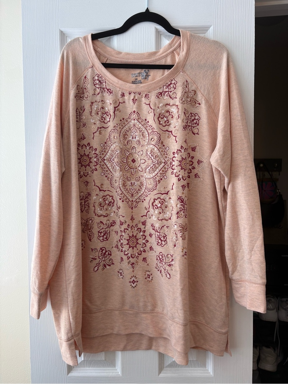 Terra & Sky Peach Pullover Sweatshirt with Pink Medallion Print